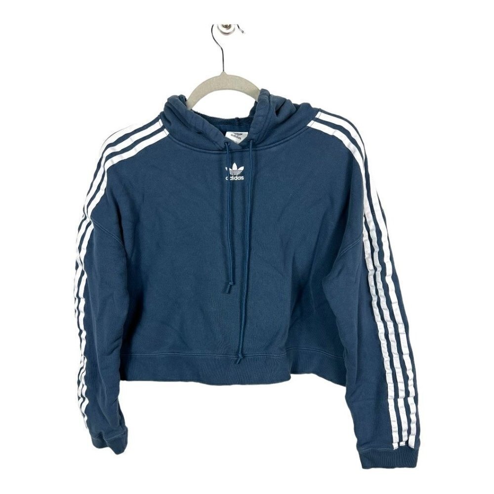 Adidas Originals Womens Cropped Hoodie Blue Trefoil 3-Stripe Pullover Medium